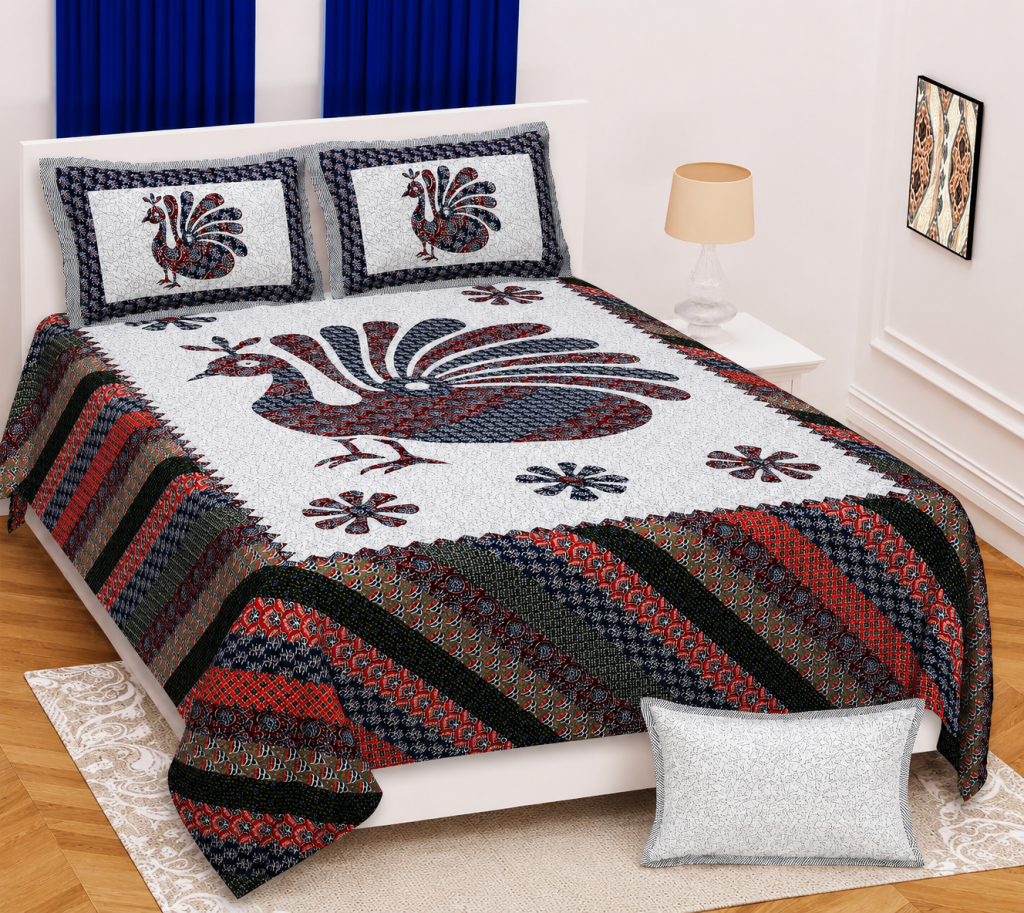 Vrihyara_ Home Decor_Cotton Peacock Print Designer Bedsheet