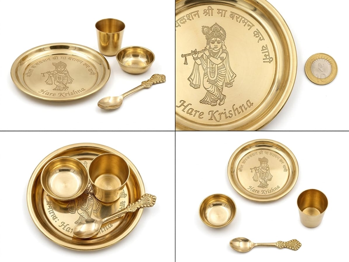 Pooja Thali Set with Katori, glass, spoon Brass (4 Pieces-brass) - Image 2