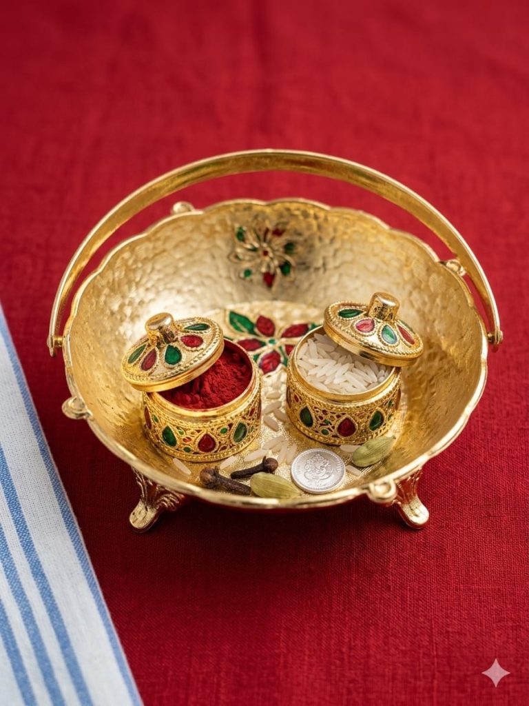 Decorative Pooja Thali Set with Kumkum and Akshat Containers