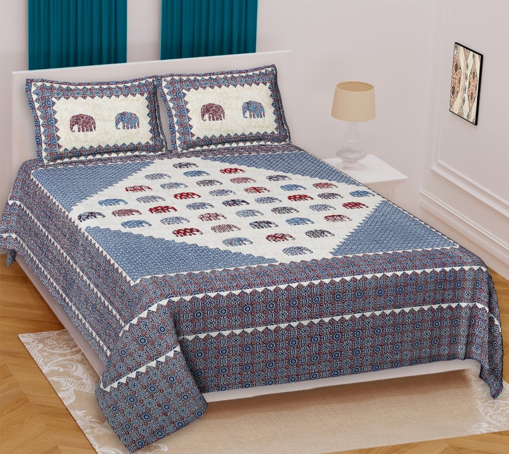 Elephant Print Cotton Bedsheet | Blue, Red & Cream